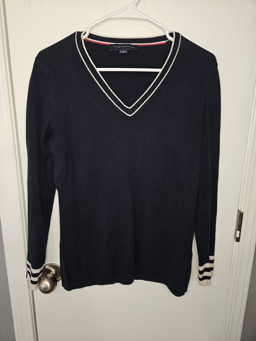 Tommy Hilfiger Women’s Navy V-Neck Sweater with Striped Trim